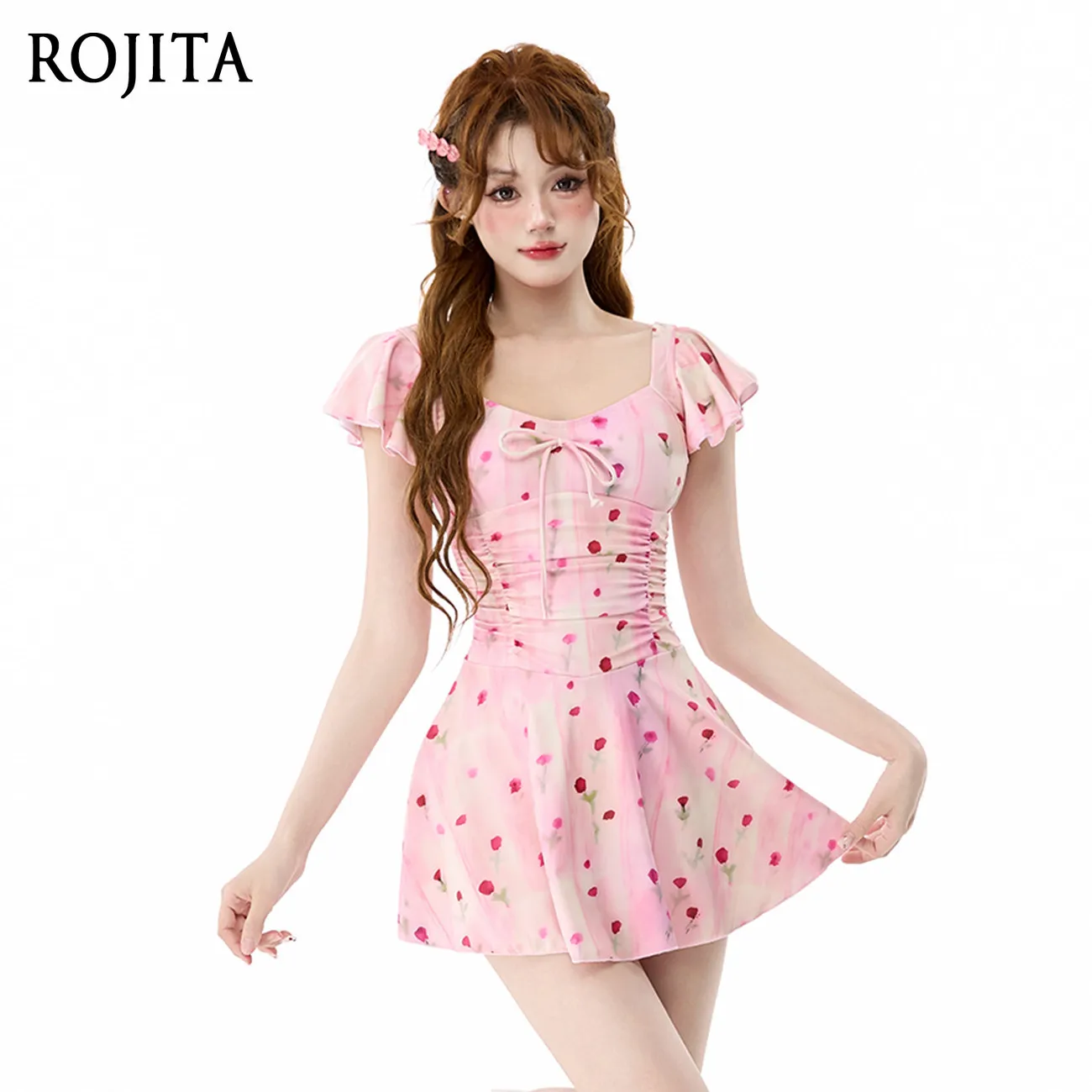 Women Pink Floral Print One Piece Skirted Swimsuit Ruffle Short Sleeve Sweet Bow Front Ruched Tummy Control Beach Bathing Dress