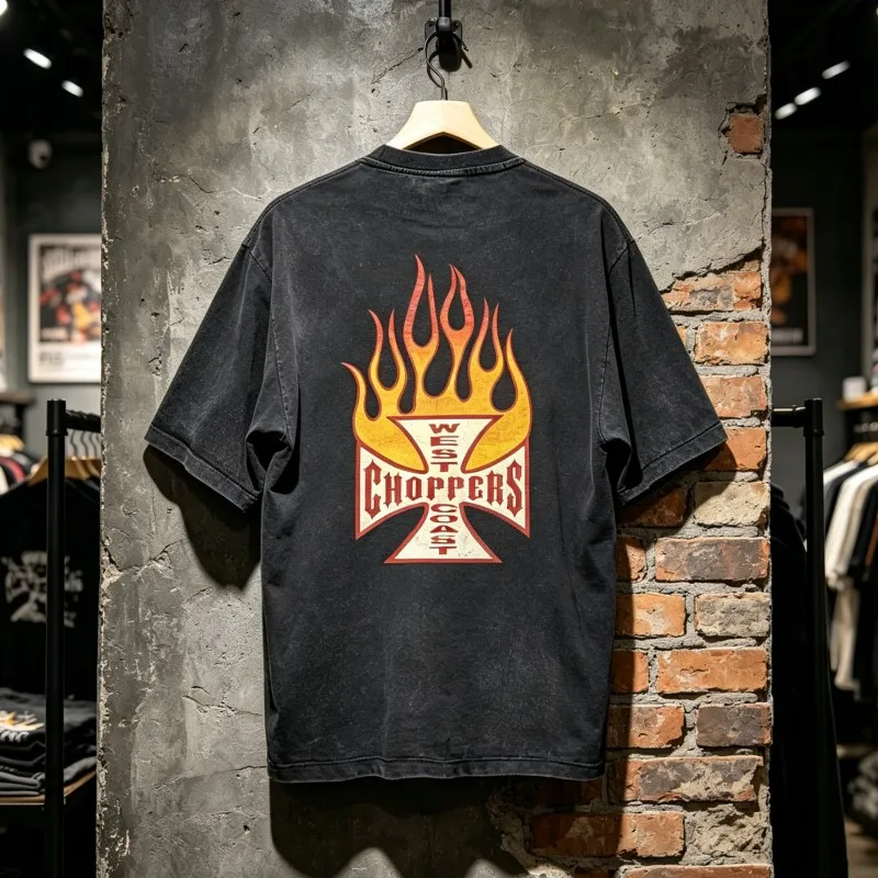 Burning Flame Red Border Cross Logo Black West Coast Choppers Short Sleeve Vintage Tee Summer Men Women Tshirts Streetwear