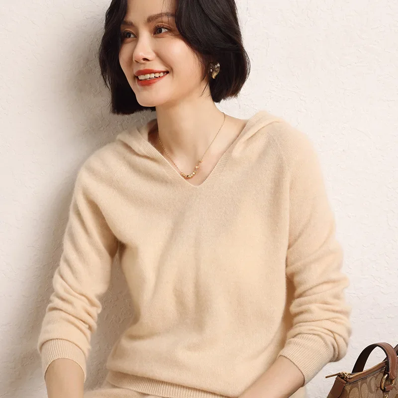 Autumn/Winter New Women's Solid Color Knitted Sweater Fashionable Pullover Hooded Shoulder Loose Simple Cashmere Loose Sweater