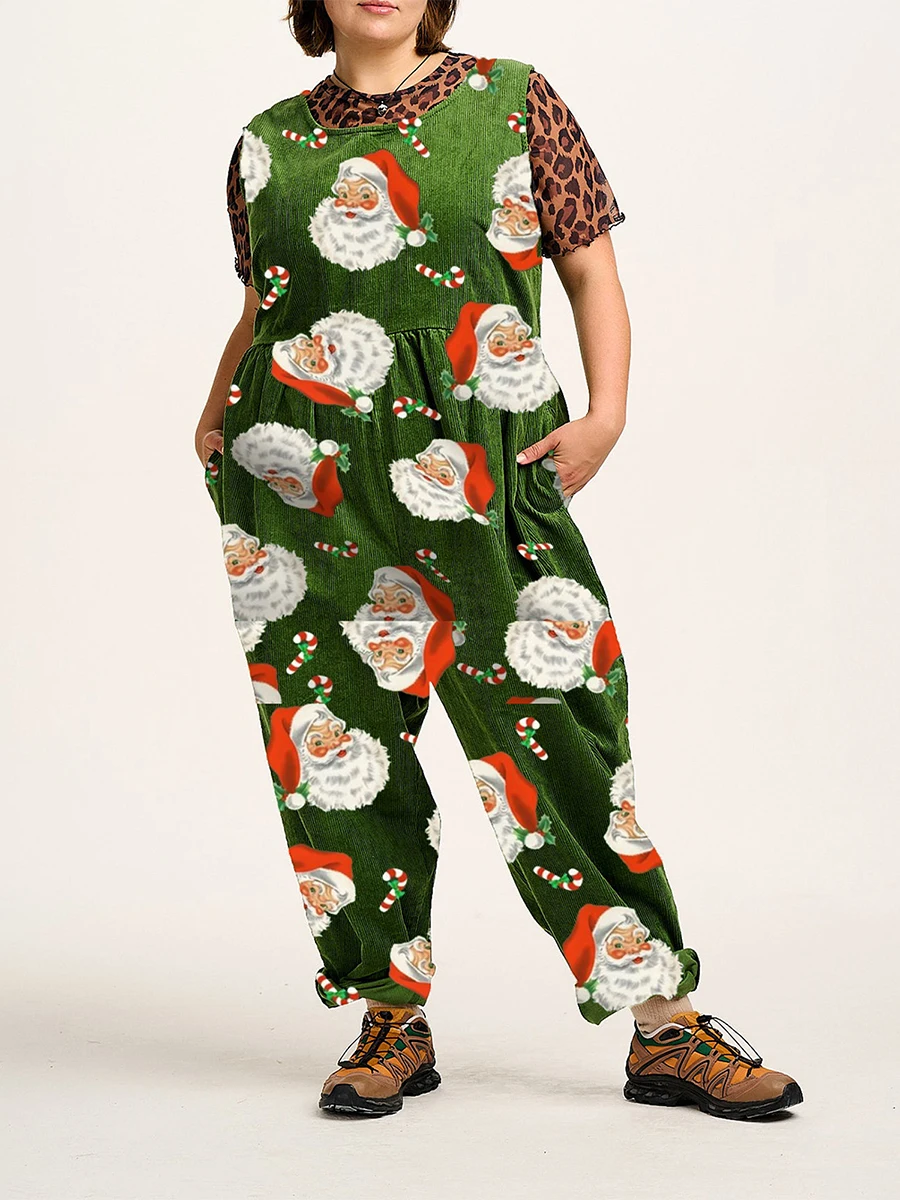 Women Christmas Bib Overalls Santa Claus Print Baggy Jumpsuit Romper Pants with Pockets for Streetwear