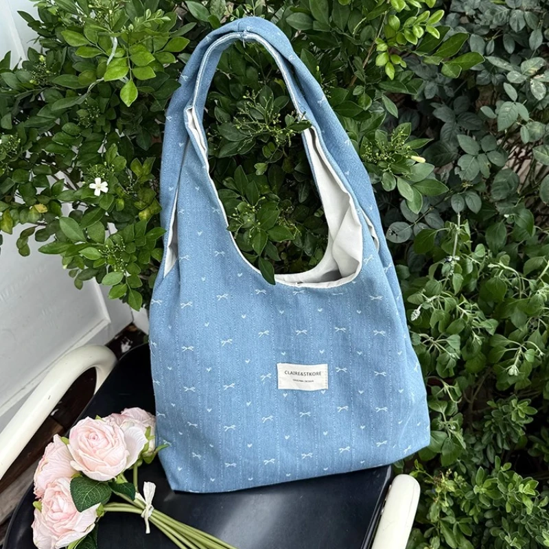 

Джинсовые сумки на плечо для девочек Sweet Bow Love, большие вместительные портативные женские холщовые жилеты, сумки, женские повседневные сумки-тоут