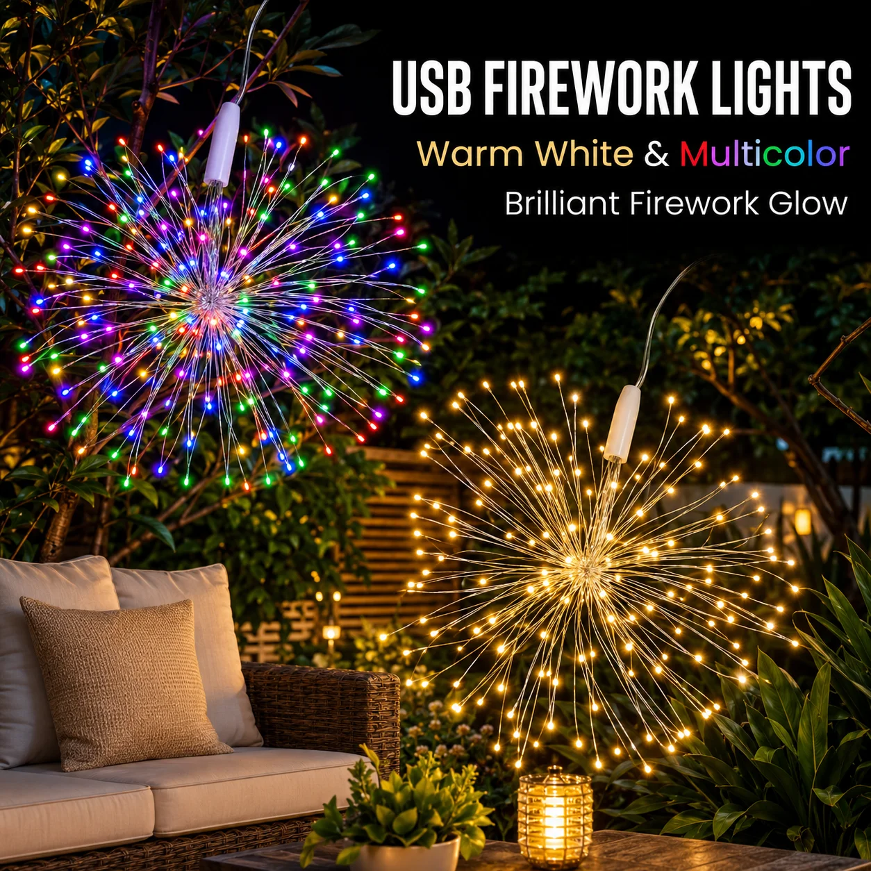 USB Firework Lights 180/360LED 2/4 Bundles, 8 Flashing Modes, Warm White Multicolor Fairy Lights for Christmas Party Decor