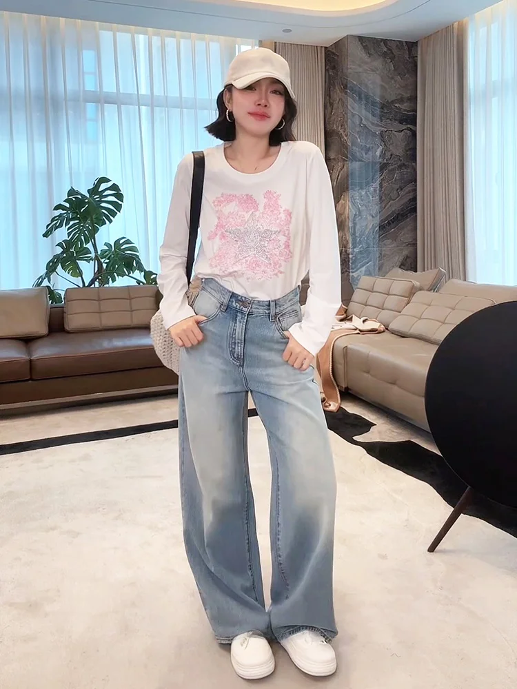 

Faionable Heavy Embroidery Slim Fit Sun Protection T-irt Mixed Fiber Blend Long Sve round Ne Regular Length ME【D Flo...