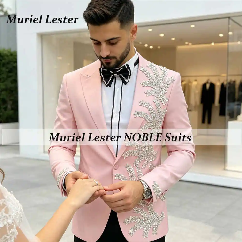 

Luxury Pink Suit Man For Wedding Diamond Beaded Prom Blazer Custom Made 2 Piece Sets Groom Dinner Party Tuxedo Attire Men's Coat