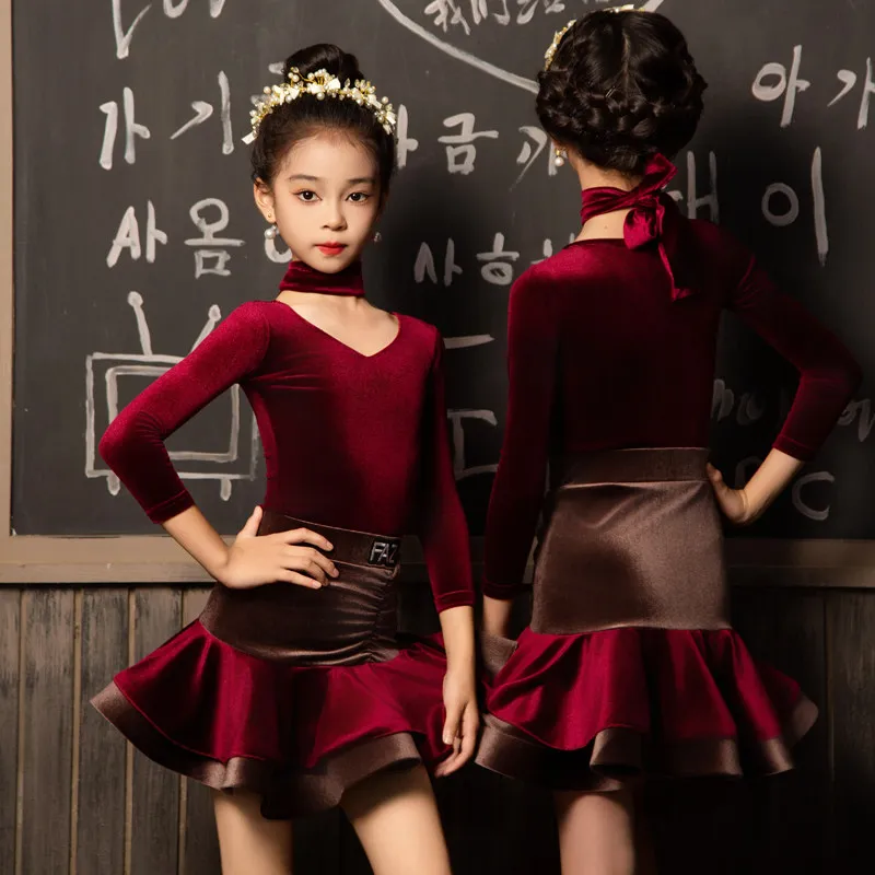 

THEEPER Girls 2 Piece Latin Dance Dress, Burgundy Velvet V-Neck with Choker Ruched Waist Ruffle Skirt for Kids Latin Dance