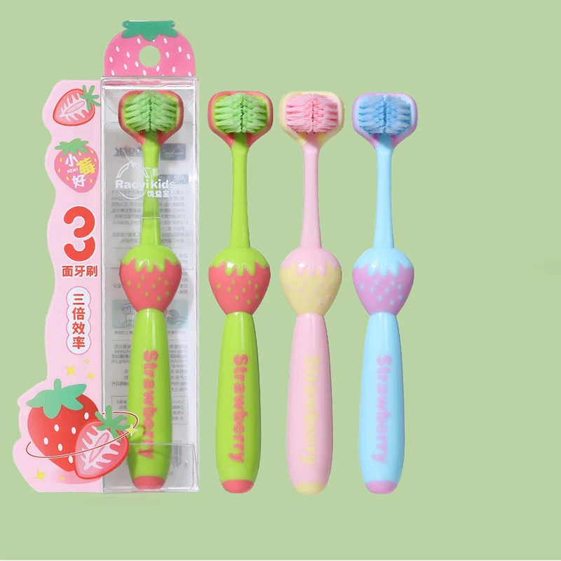 1-Pack 3-Sided Toothbrush with Soft Bristles, Concave Surface, 3 Brush Heads, Cartoon Fruit Shape, Toothbrush for Children Aged 3-6-9 Years