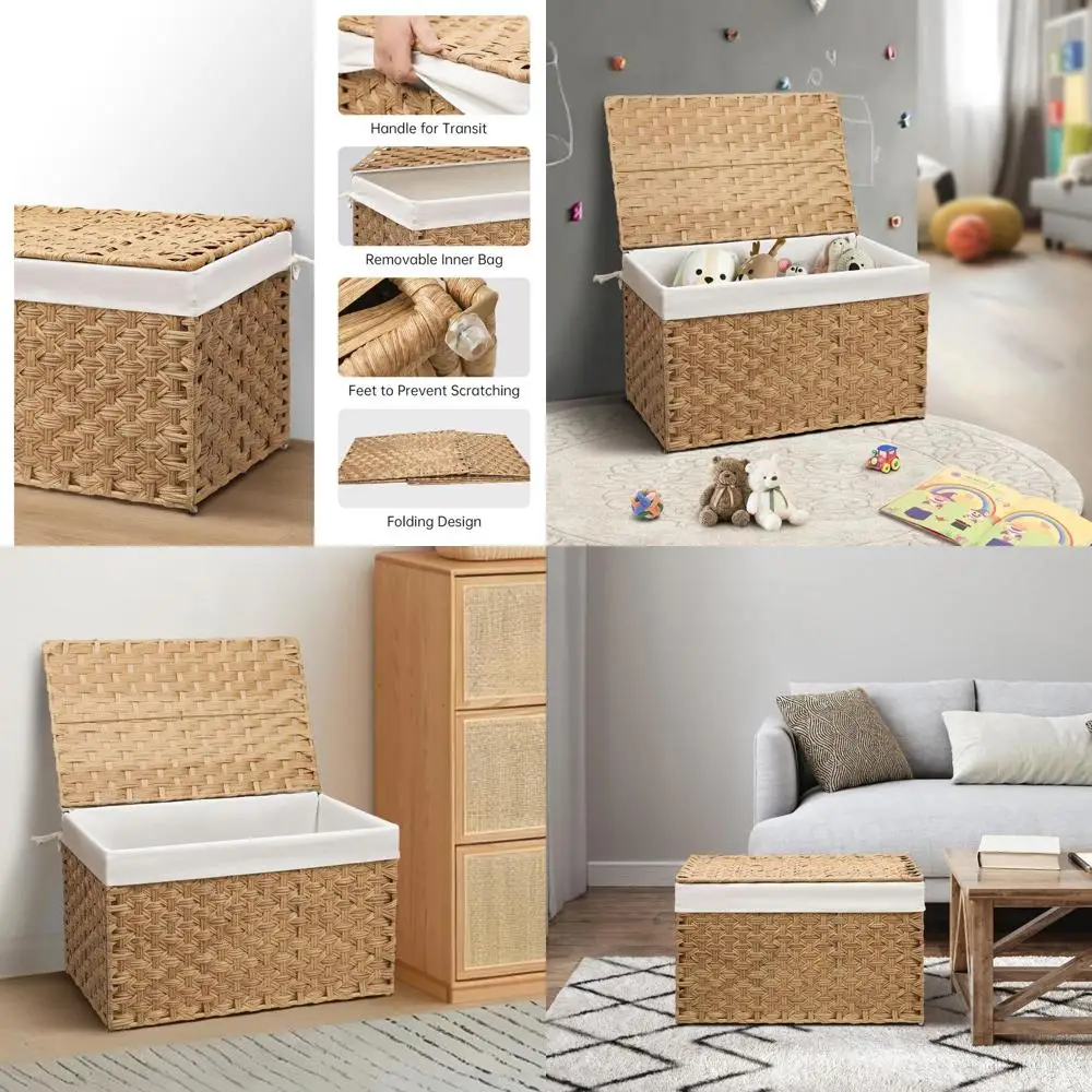 

Большая плетеная корзина для хранения на 105 л с крышкой, съемным вкладышем, металлический каркас, складная для спальни и прачечной, натуральная