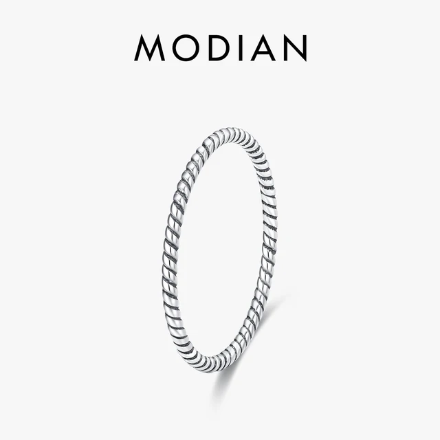 MODIAN 925 Sterling Silver skręcony prosty pierścionek Vintage modny Retro przyjęcie świąteczne pierścionki do układania w stosy dla kobiet elegancka biżuteria na prezent
