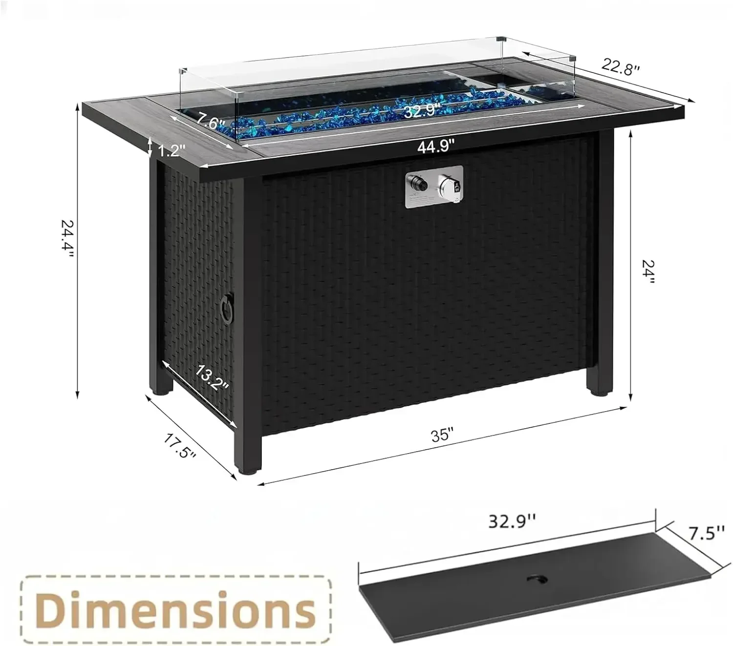 45 Inch Propane Fire Pit Table, 50,000 BTU Outdoor Gas Fire Pit for Patio & Backyard, 2-in-1 Firepit Dining Table with Glass Win