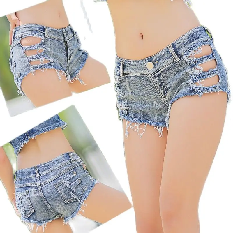 

2023 New Women's Ultra Low Waist Denim Shorts Sexy Hollowed Out Hole Bottomed Nightclub Short Jeans Feminino Blue