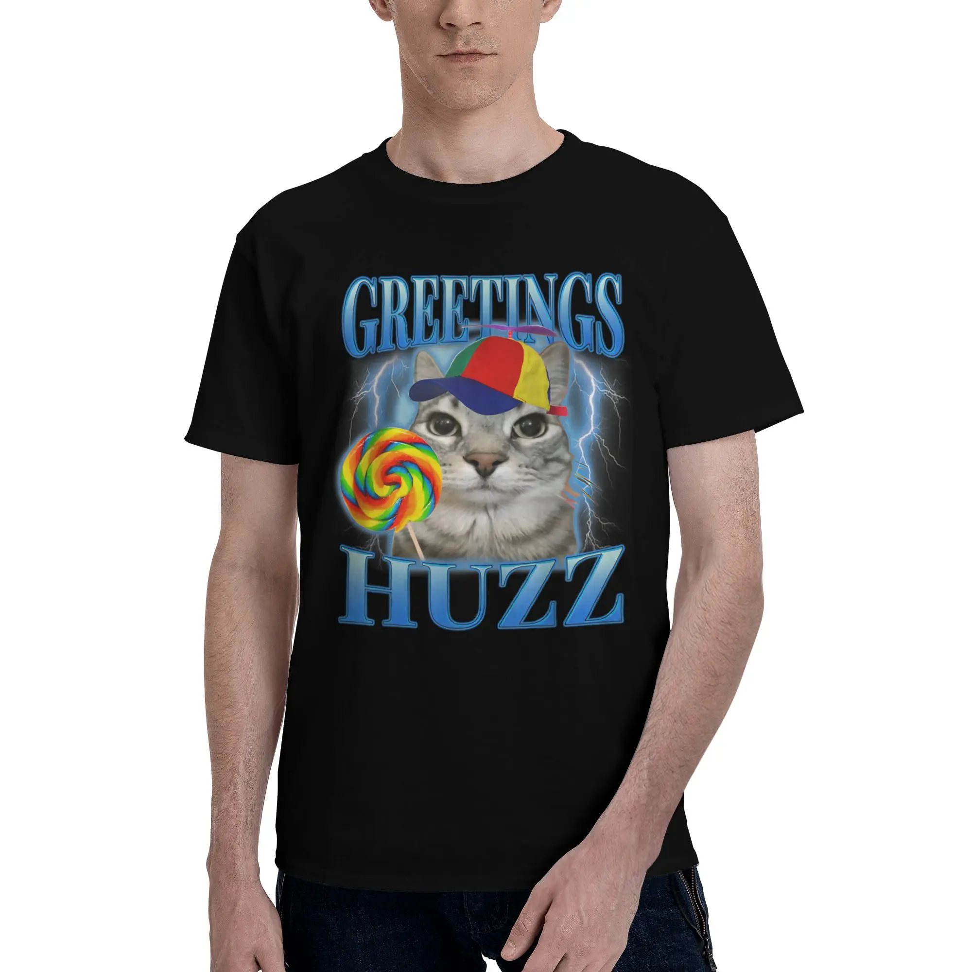 تحيات Huzz Lollipop Cat Meme تي شيرت للجنسين قصيرة الأكمام تي شيرتات ورق الرسم البياني الصيف نمط فضفاض المتضخم القطن Camisetas