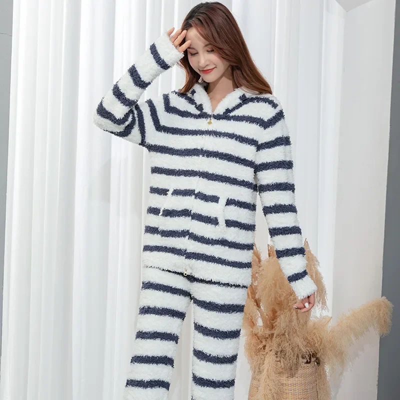 Thicken Plush Flannel Sleepwear Loungewear Winter Furry Female 2Pcs Pajamas Set Casual Cartoon Hooded Pijamas Suit Homewear