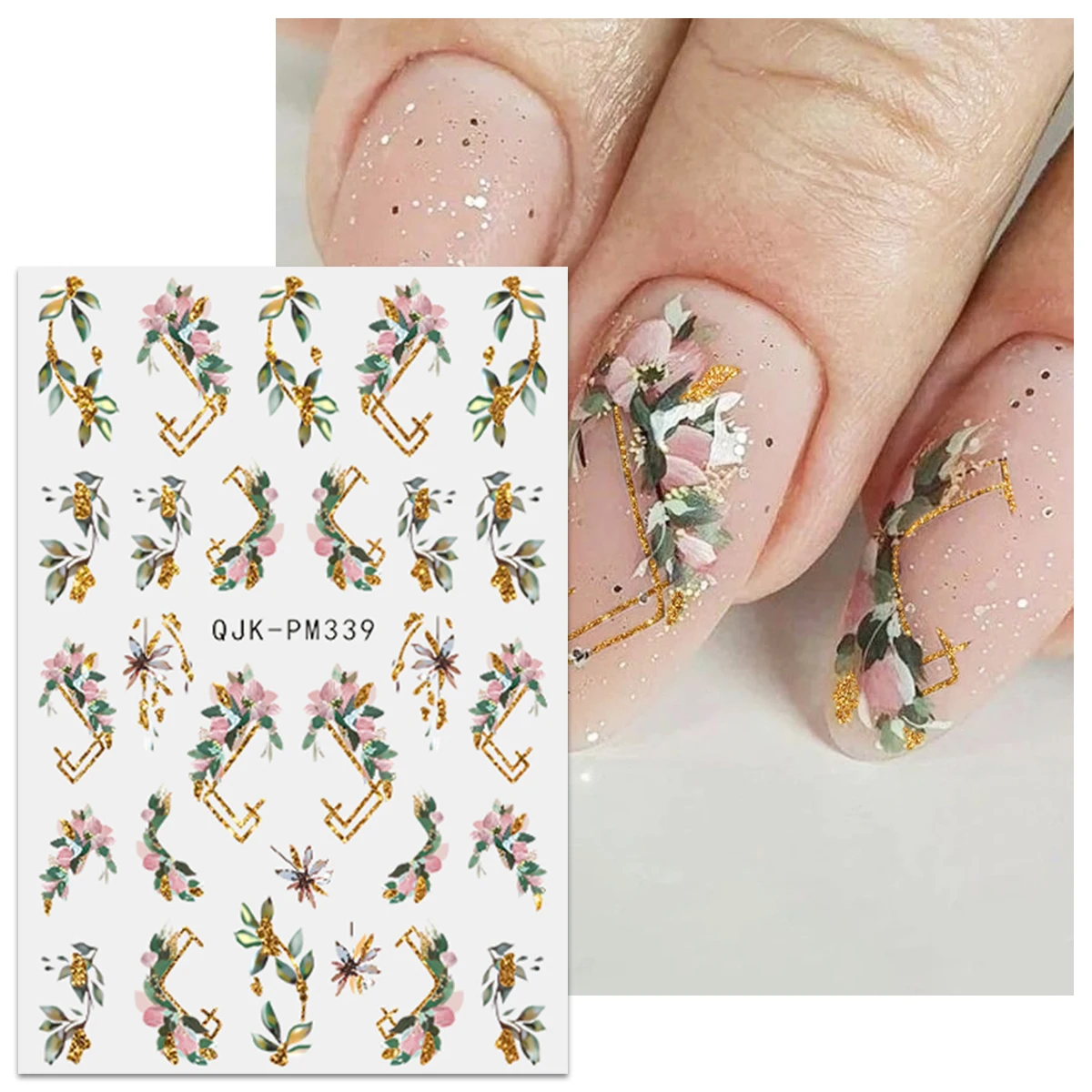 4pcs spring floral French gold glitter nail art stickers, easy to apply for nail decoration, DIY, gift, party makeup styling
