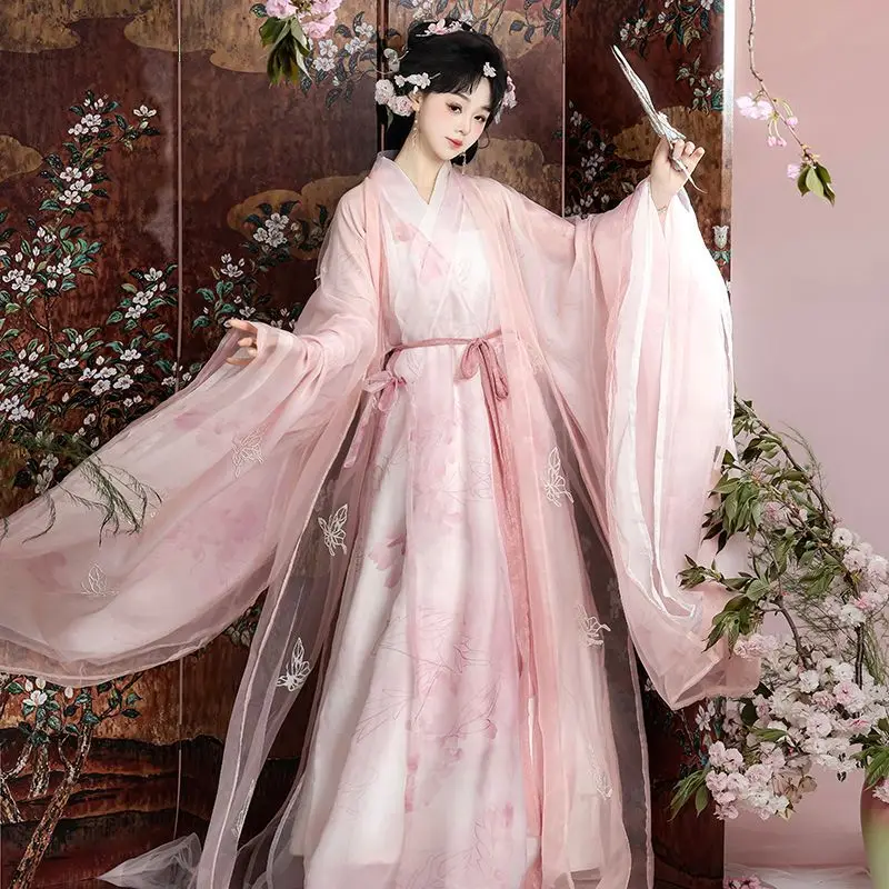 Zhiyuyi Pink Butterfly Hanfu For Women, Chinese-style Improved Ancient Costume, Fairy-like Girl's Large-sleeve Shirt With