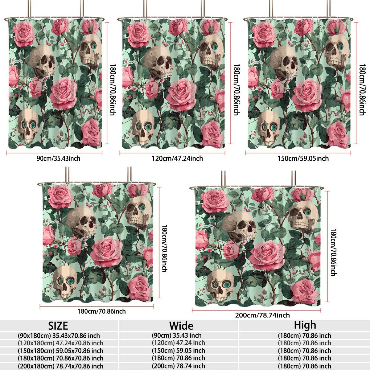 Gothic Skull & Pink Rose Shower Curtain Polyester Digital Printing Dark Romantic Pattern With Human Skulls, Large Pink Blooming