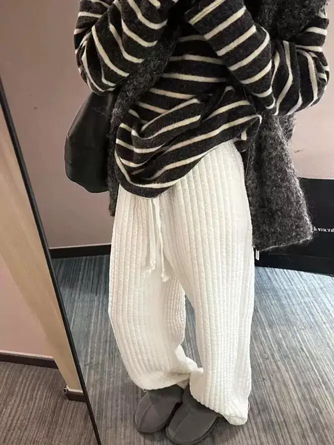 Loose Fit Casual Pants Elastic Waist Quilted Cotton Vertical Stripes Wide Leg Pants Women's Faion Winter Thiened Fce