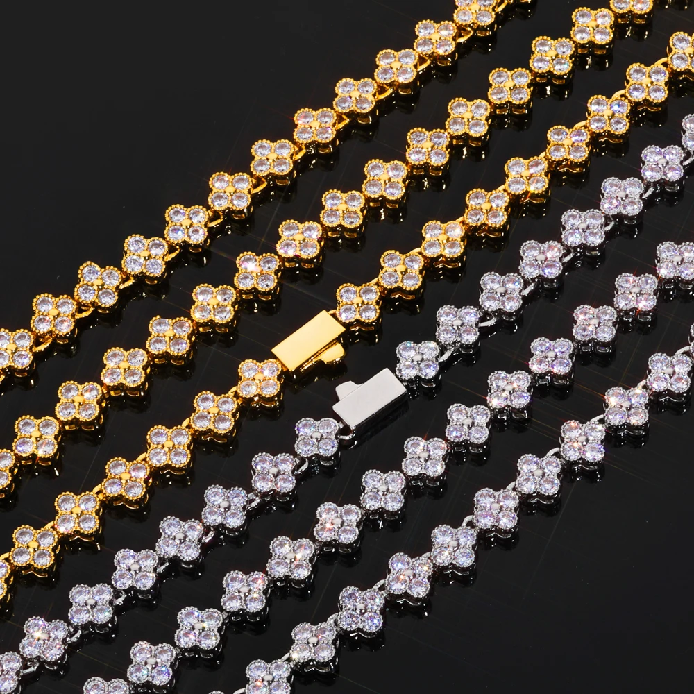 

NY Women 6mm Iced Cubic Zirconia Tennis Chain Bling Plum blossom Cross Link Necklace with Spring Clasp Hip Hop Jewelry