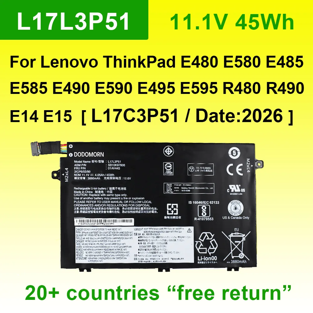 

For Lenovo ThinkPad E14 E15 E480 E490 E495 E580 E585 E590 E595 R480 L17L3P51 L17M3P51 L17C3P51 01AV445 Laptop Battery OEM