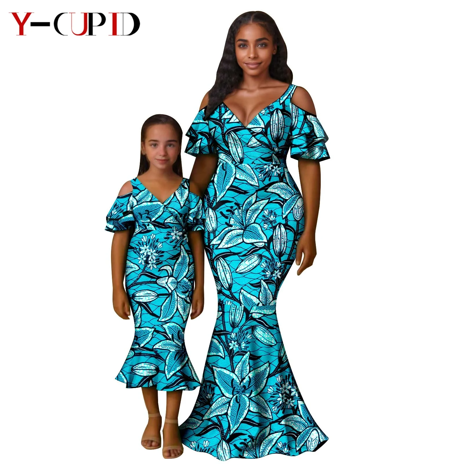 

African Print Mermaid Dresses for Women Match Couple Clothes Baby Dress Family Outfits Dashiki Mother and Daughte Outwear 25F033