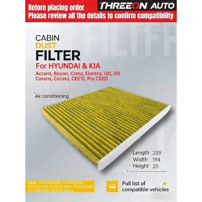 

Салонный воздушный фильтр THREEON AUTO TOC1930P для HYUNDAI ix25, Elantra, Mistra, Celesta, KIA KX3 97133-2H001 971332-H001AT 97133F2000