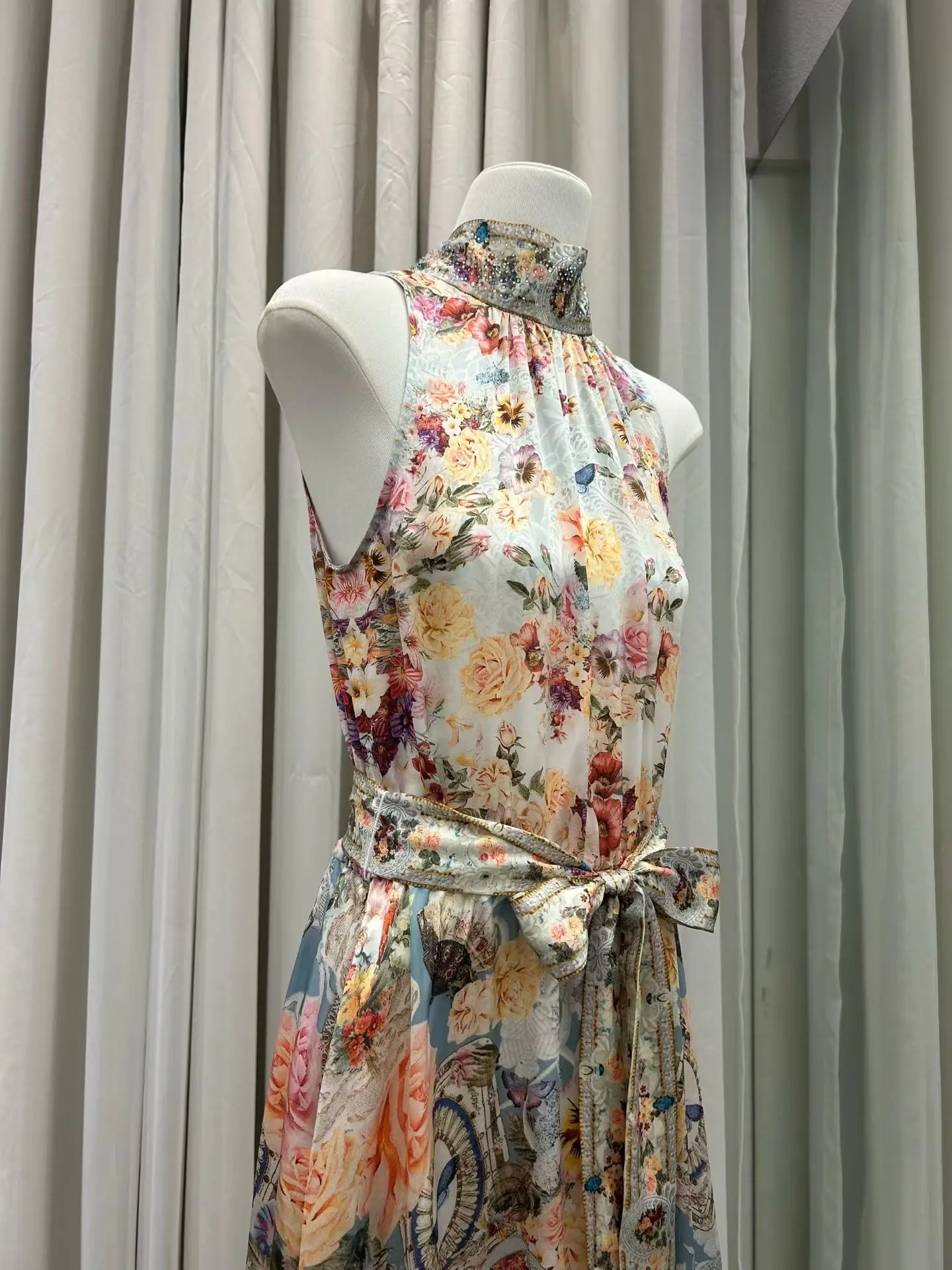 Women Flower Print Maxi Dress Crystal Beaded Stand Collar Sleeveless High Waist Elegant Ladies 100% Silk Robe