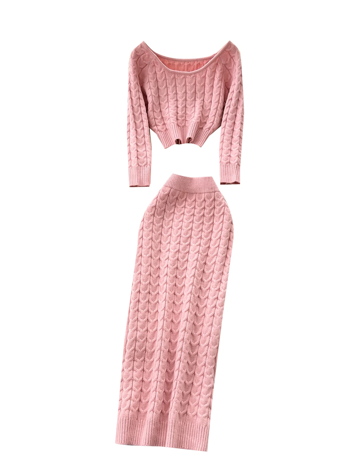 Fall Faion Damen-Set mit hoher Taille, schmale Passform, S Sve Long Sve, rundes Ne-Strick- und Rock-Set, Twist-Design, bequem