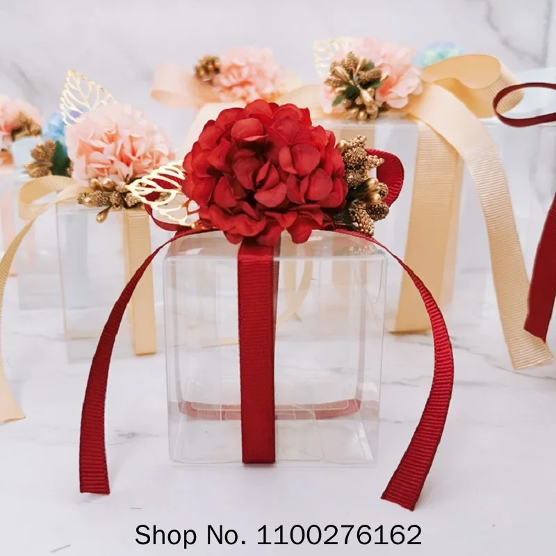 50Pcs/lot Candy Boxes PVC Transparent Wedding Favors and Gifts Box Square Flower Ribbon Romantic Packaging Box Party Gift Bag