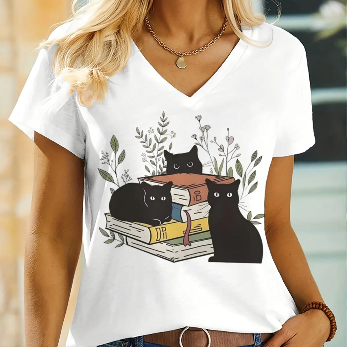 Vintage Bookish Cat Mom Shirts Women Retro V-Neck Short Sleeve Bookworm Themed Y2K Tops Casual Unisex Fun Animal Tshirts