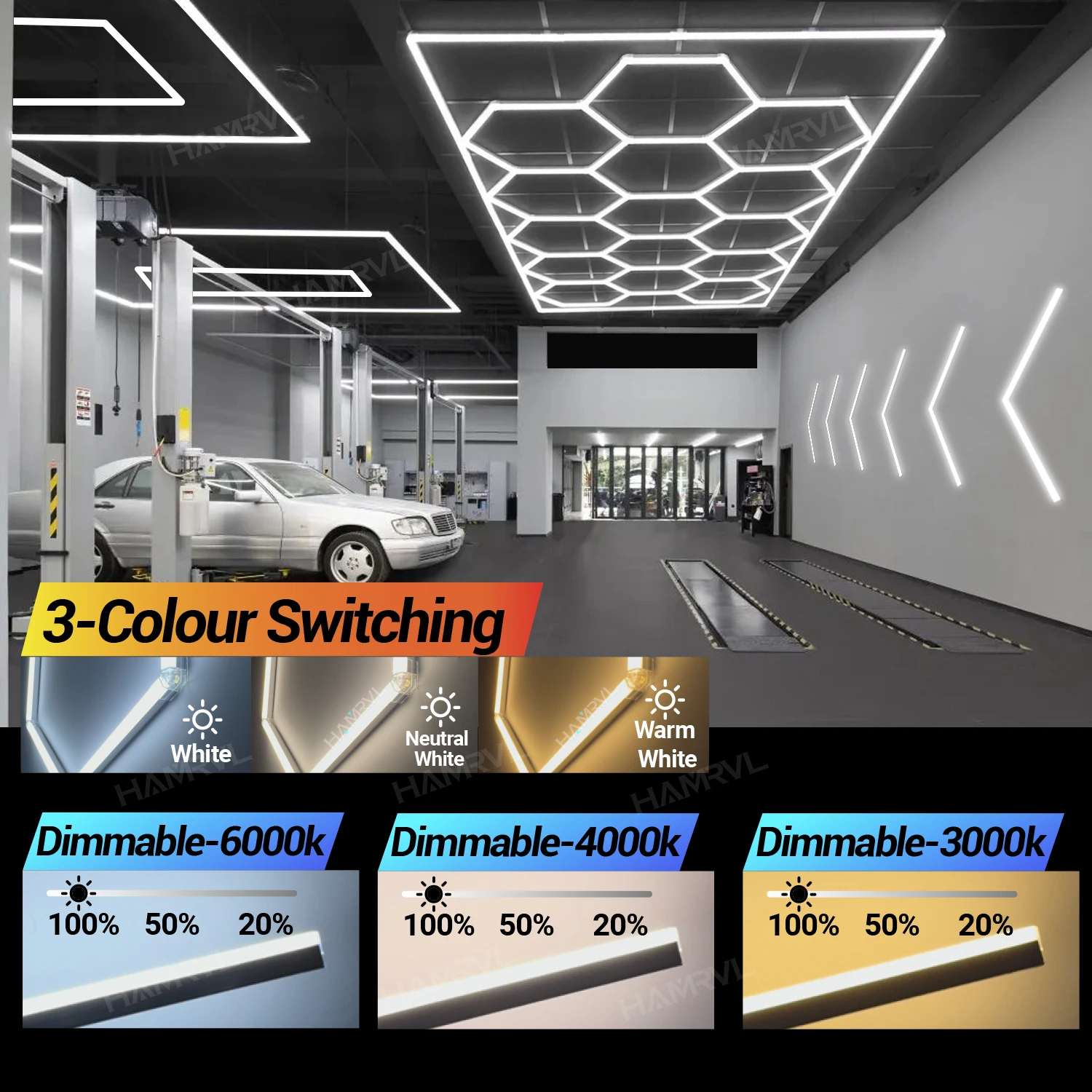 Garage Lamp Dimmable Hexagon LED Lighting Color Change 3000K4000K6000KGym Barber WorkShop Tube Honeycomb Ceiling Light CarRepair