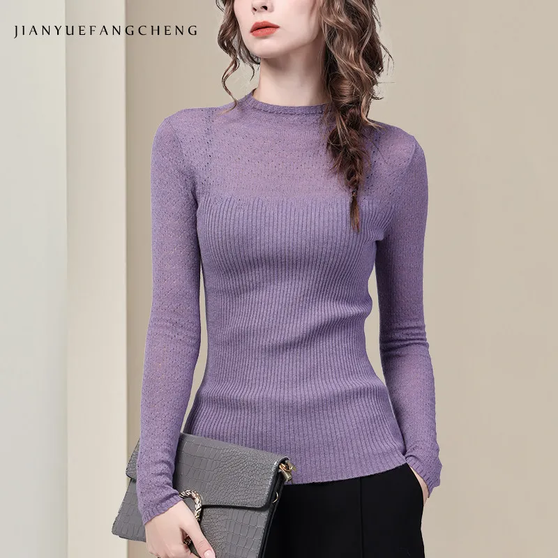 Women's Ultra-thin High Neck Wool Sweater Long Sleeve Stretchy Pullover Knitted Inner Wear Shirts 4 Colors 2025 Fall New