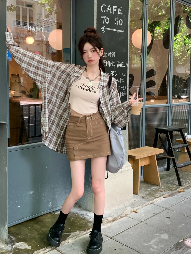 Plaid Shirts Women Spring Pocket Design Loose Elegant Preppy Style Streetwear Trendy Casual European Full Sleeve Daily