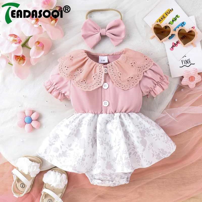 

0-18M Summer Infants Newborn Baby Girls Short Puff Sleeve Bodysuit Skirt Prints Romper Dress+Headband Kids Clothes 2Pcs Set