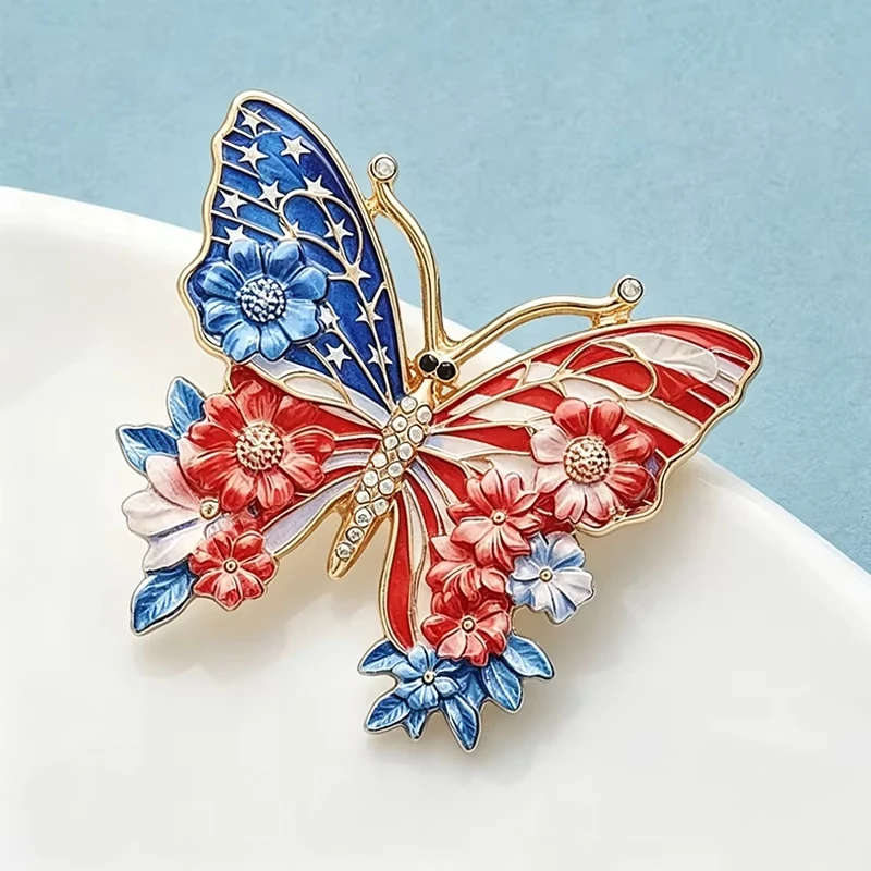 American Flag Butterfly Enamel Rhinestone Brooch For Women