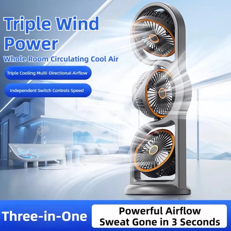 Triple Head Desk Fan USB Rechargeable Portable Air Circulator Fan 5 Speed Ultra Quiet 360° Rotation for Home Office Bedroom