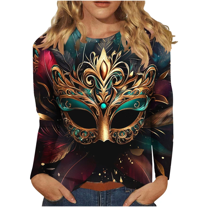 Mardi Gras Women Casual T-Shirts 3D Full Print Carnival Mask Party Clothes Pop Long Sleeve T Shirt Round Neck Oversized Tees Top