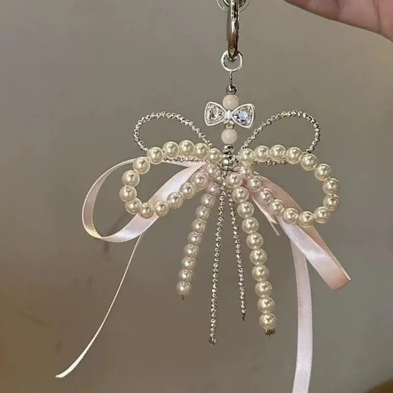 Брелок для ключей с бантом из искусственного жемчуга, брелок из бисера, подвесные аксессуары в корейском стиле, сумка в форме сердца Y2K, подвеска, аксессуары для декора