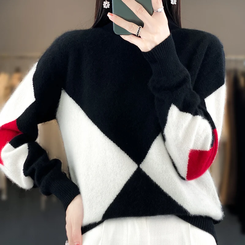 Autumn Winter 100% Merino Wool Sweater Mock-Neck Pullover Contrast Color Cashmere  Classic Long Sleeves Clothing Top