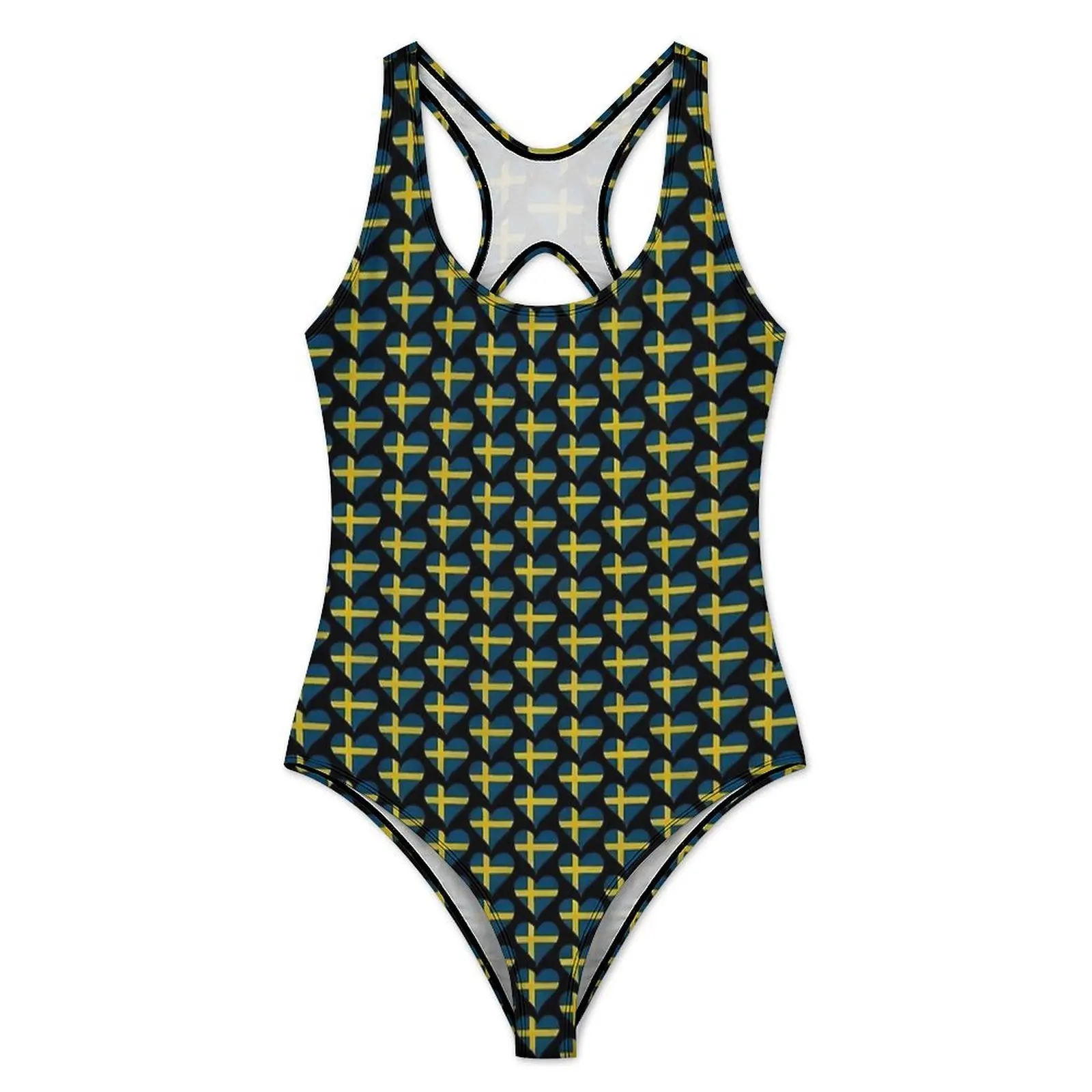 Swedish Flag Heart Print Swimsuit Swimwear One-Piece Holiday Rave Swimsuits Cut Out Bathing Suit Push Up Sexy Beach Wear Gift