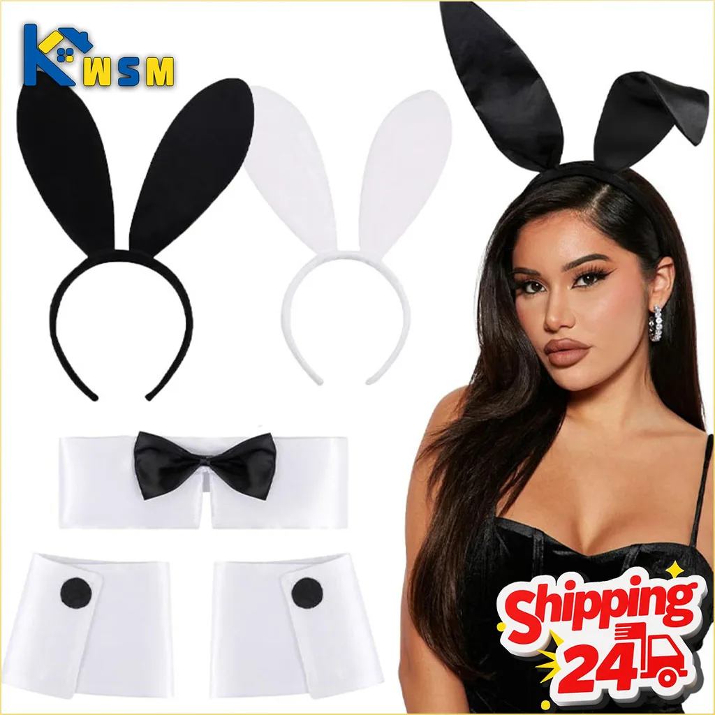 1-10PCS Bunny Ear Headband Set with Bow for Women Costume Accessory Easter Halloween Party Masquerade Dance Club Festival Fun