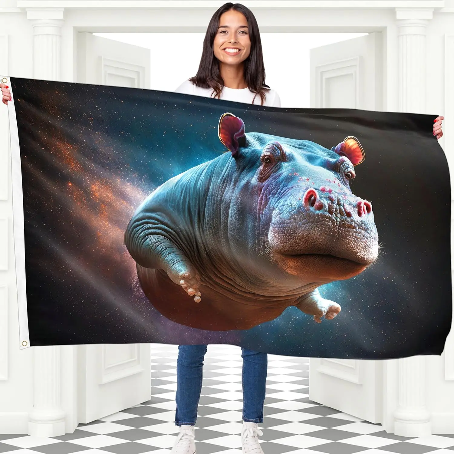 Hippo Galaxy Banner Poster Wall Decor Cosmic Space Animal Print Decoration Boho Nursery Art Gift