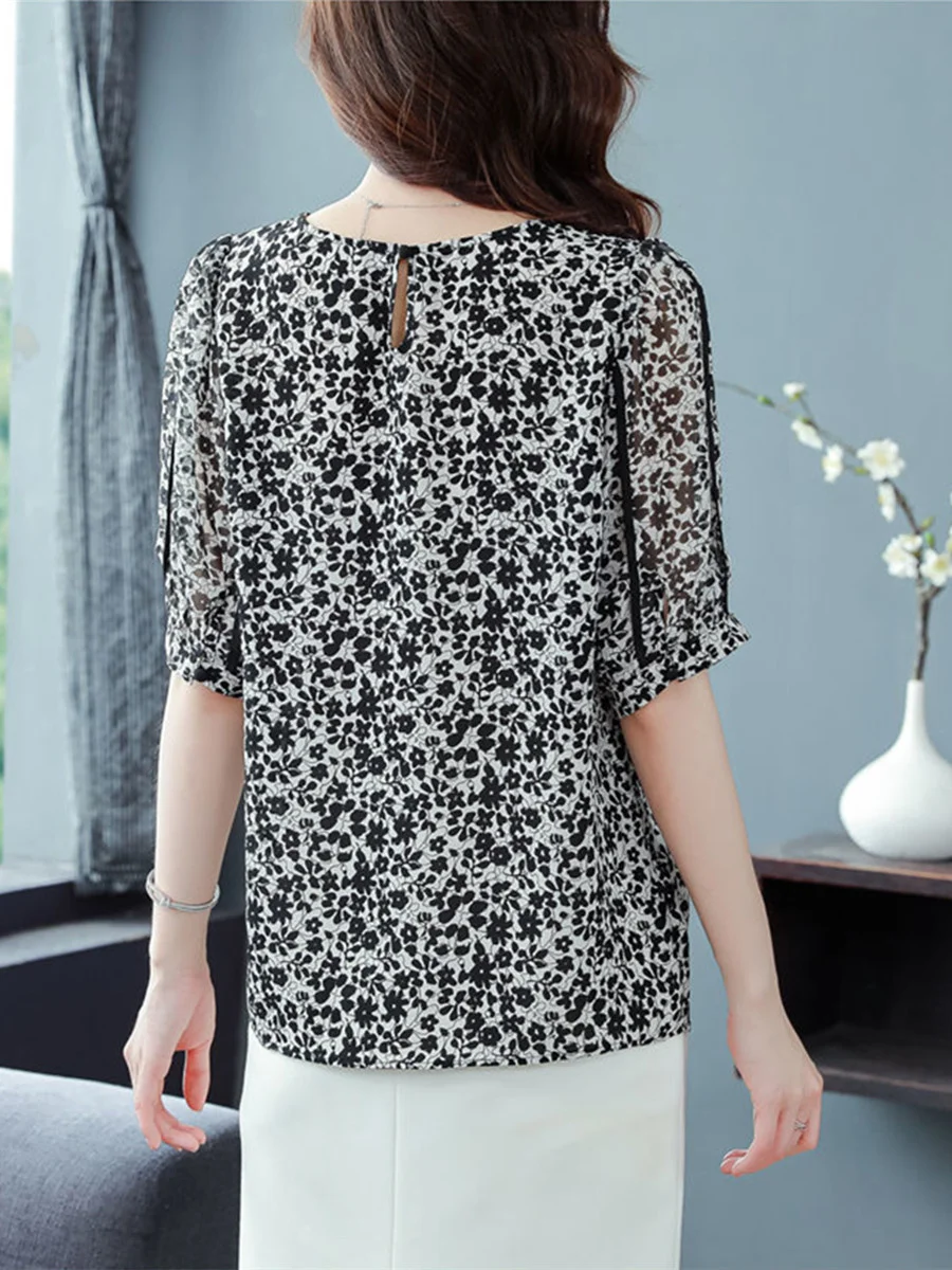 4XL Women Spring Summer Blouses Shirts Lady Fashion Casual Short Sleeve O-Neck Collar Flower Printing Blusas Tops G2198