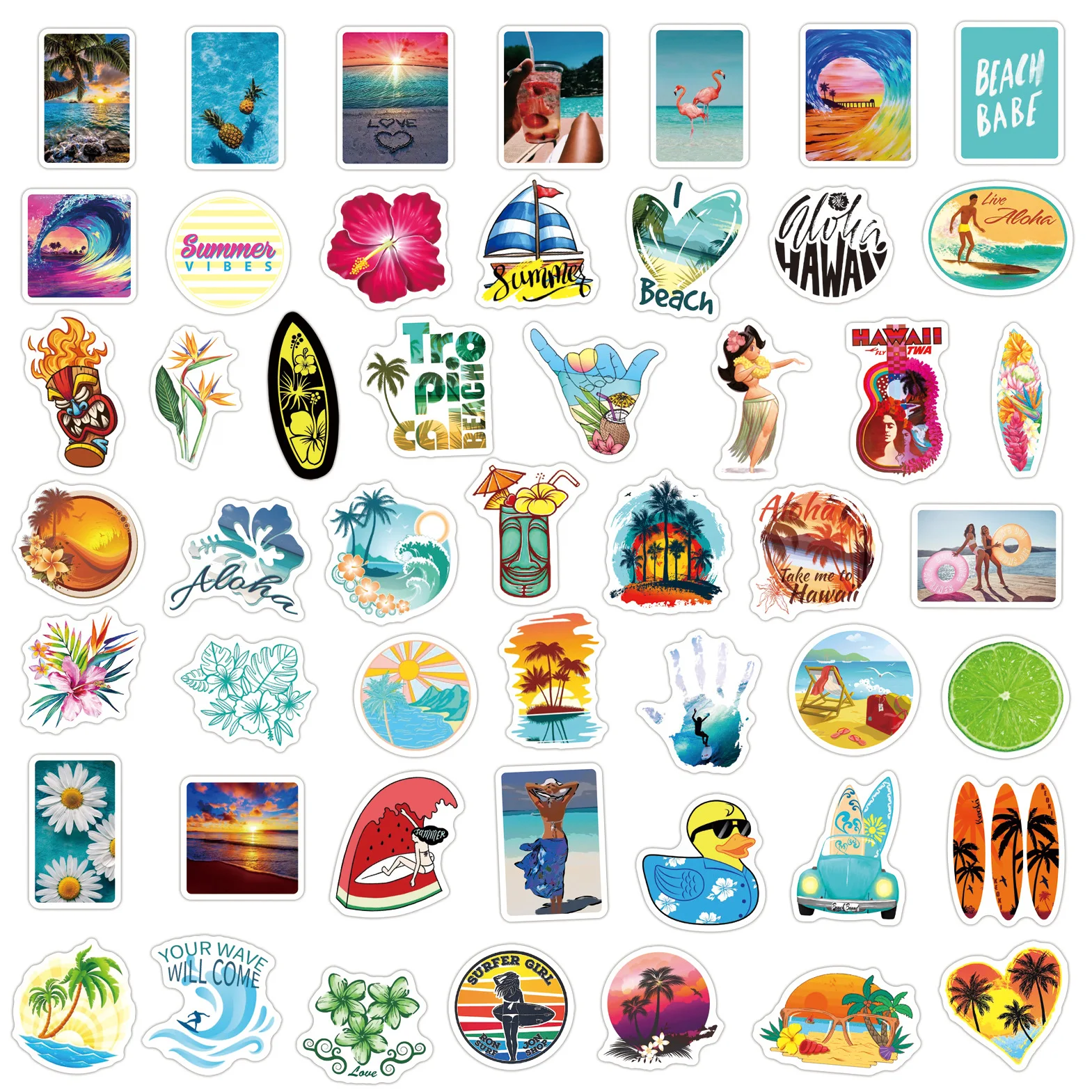 50Pcs Hawaii Summer Surfing Stickers Tropical Beach Surf Decals Travel Luggage Surfboard Water Bottle Sticker Toy