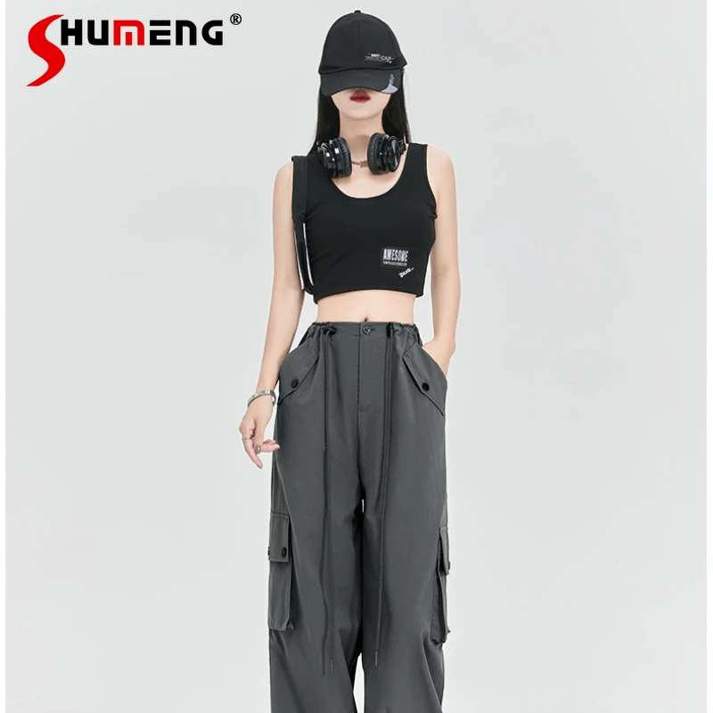 American Streetwear Fashion Gray Cargo Pants Women Summer High Street Loose Casual Sports Pants Korean Student Wide-Leg Pants