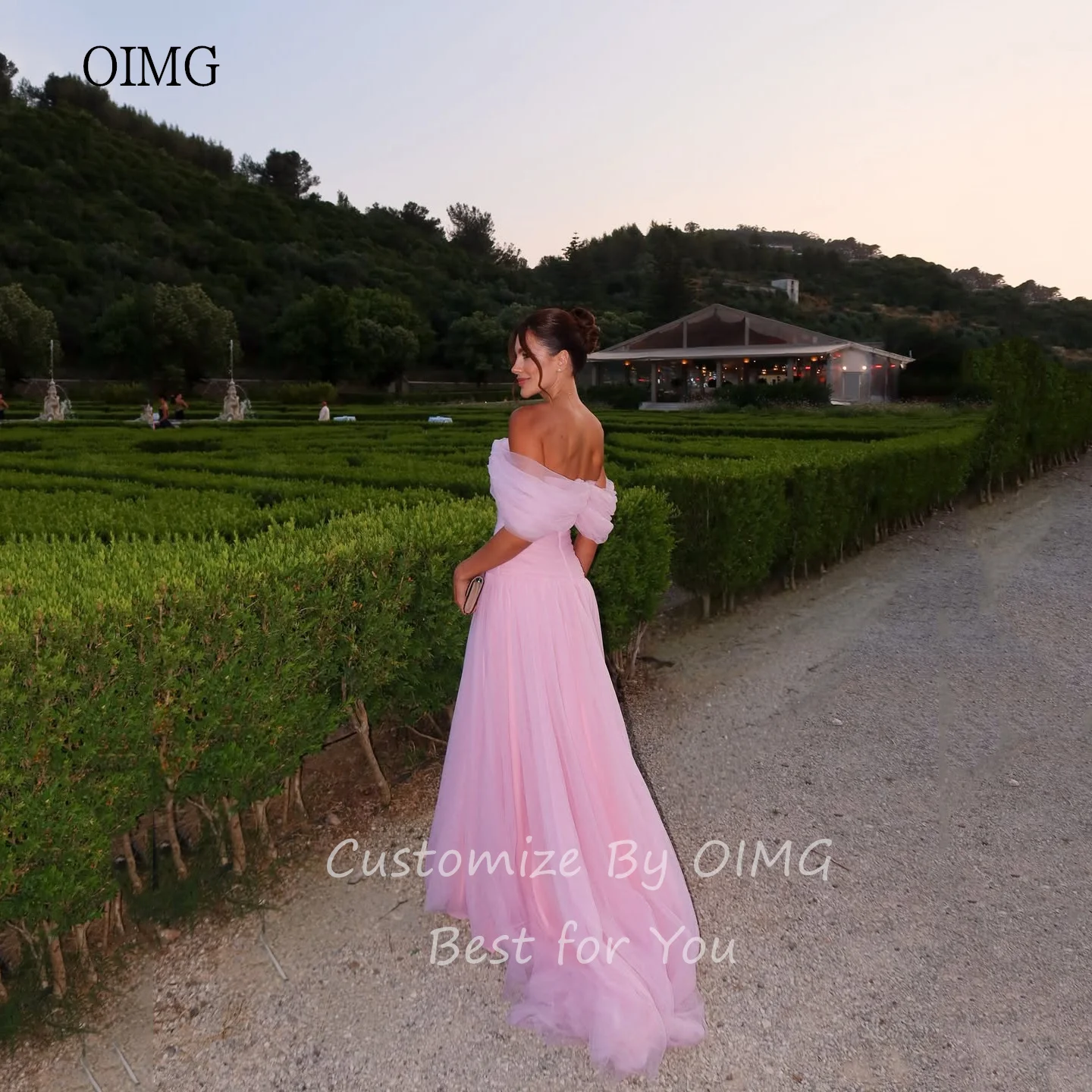 OIMG Dreamy Princess Pink A Line Prom Gowns Off The Shoulder Party Gown Floor Length Evening Dress vestidos de gala Customized image 5