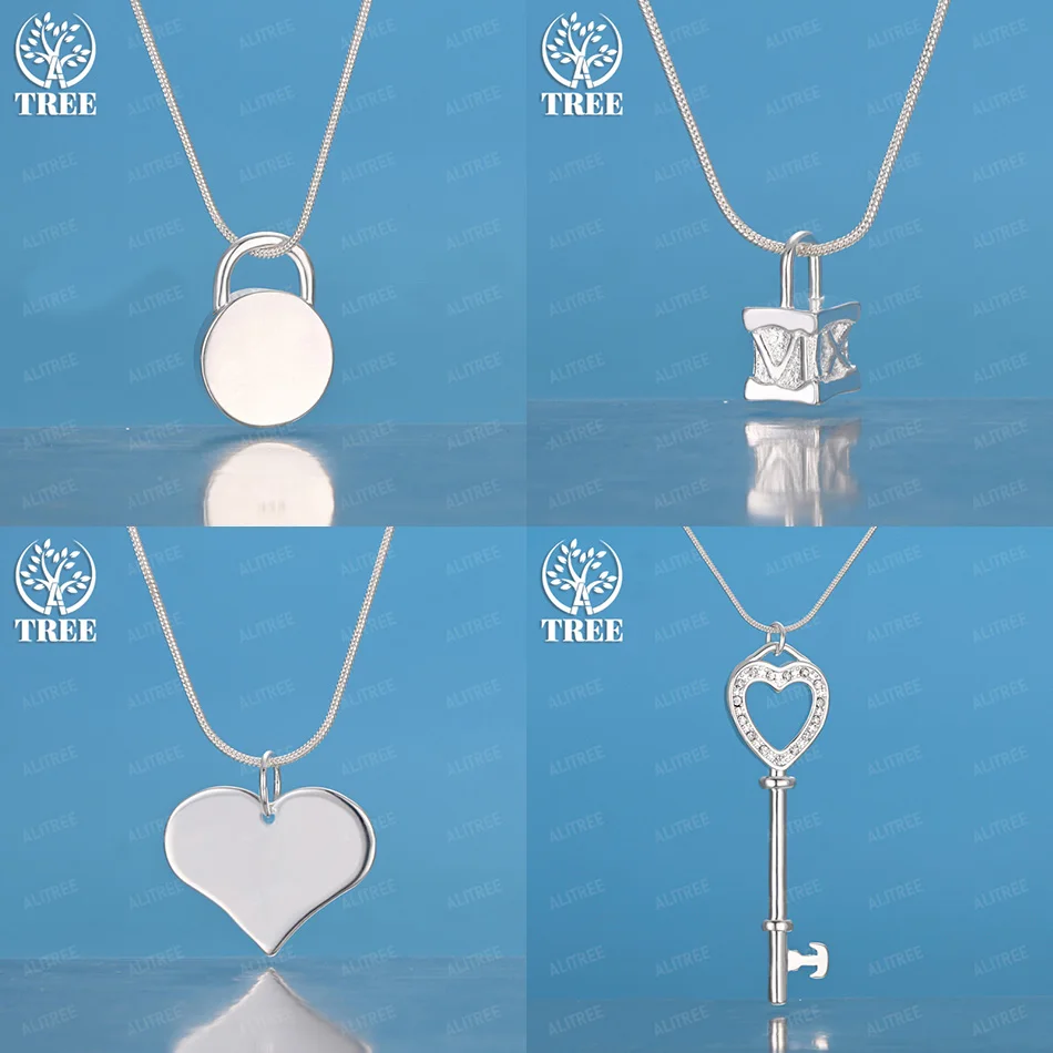 

Fine 925 Sterling Silver Heart Key Solid Round Square Pendant Necklace Charm Wedding Jewelry Accessories Birthday Party Gift