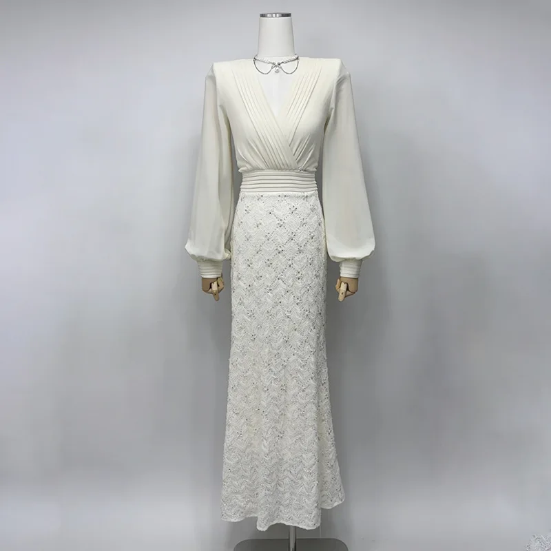 프랑스 우아한 사교계 여성용 이브닝 드레스 V넥 긴팔 패치워크 하이웨이스트 플래드 다이아몬드 롱 파티 드레스 여성 여름용