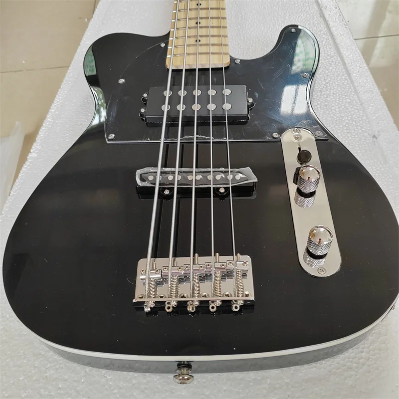 Black gloss 5-string Bass, Basswood Body White Trim, Maple Fingerboard, Chrome Accessories. In Stock