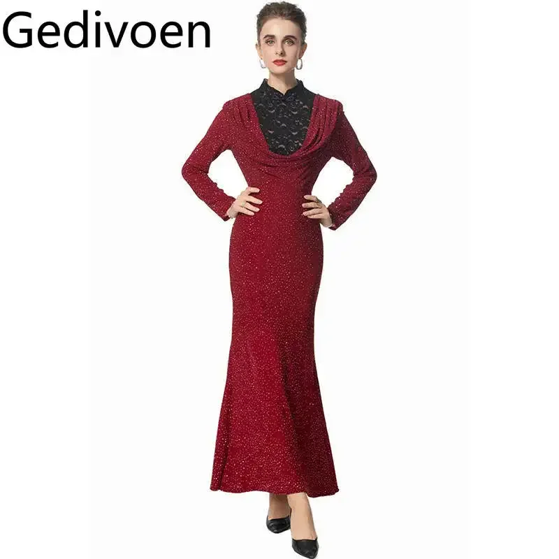 Gedivoen Fashion design Women's Dress Stand collar Long Sleeves Pretty Slim-Fit Hip Wrap Lace Hollow Out Mermaid Evening Dress