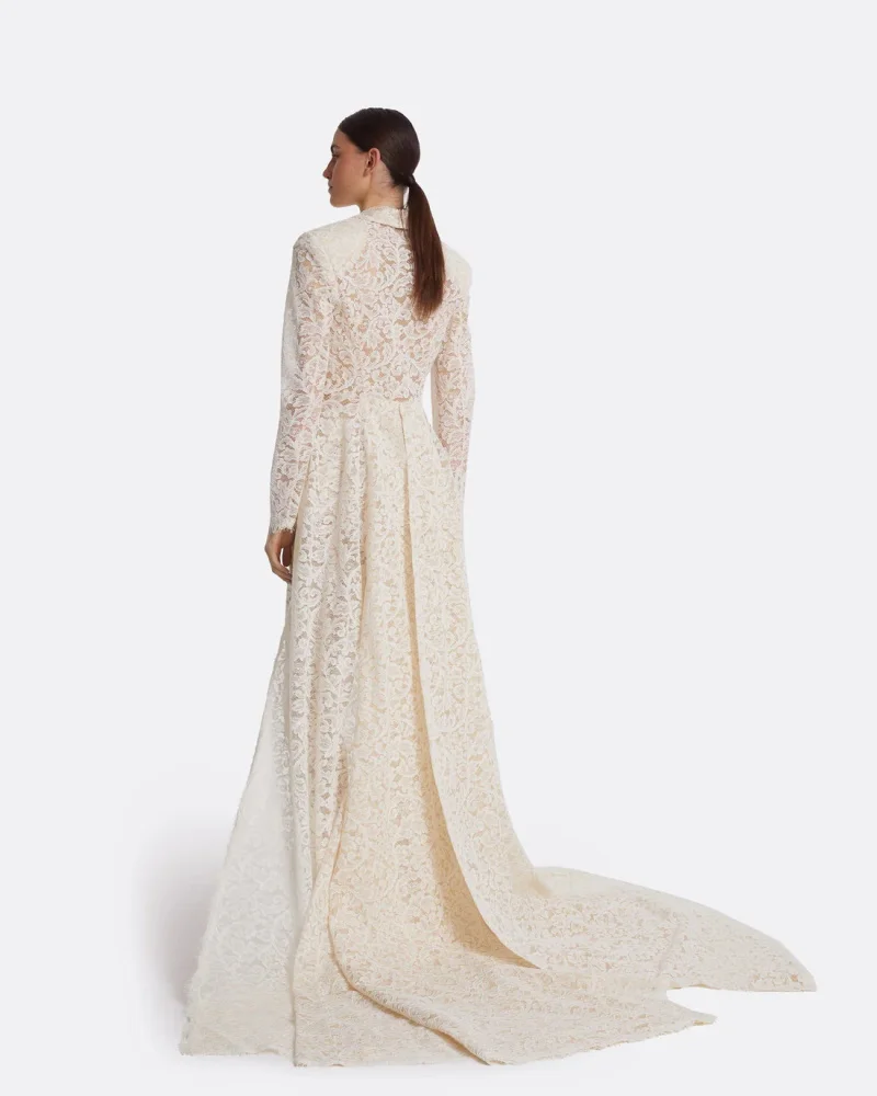 

White Lace Women Suit Set 2 Piece Long Train Blazer+Pants Trousers Formal Office Jacket Customized Wedding Tuxedo Prom Coat