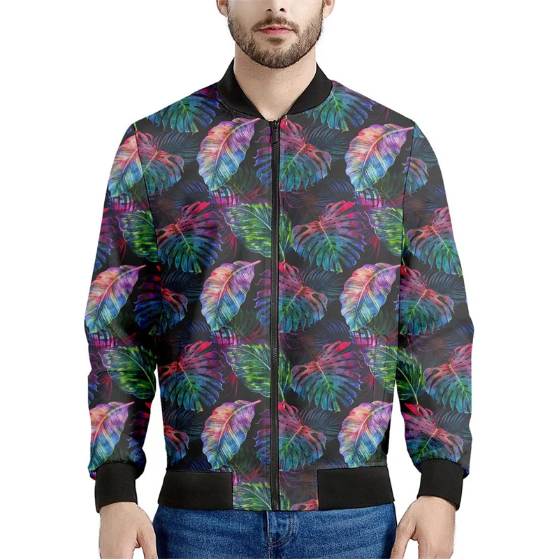 Blossom Tropical Leaves Pattern Print Men's Bomber Jacket 3d Long Sleeve Sweatshirt Oversize Street Bomber Zipper Jacket Coat